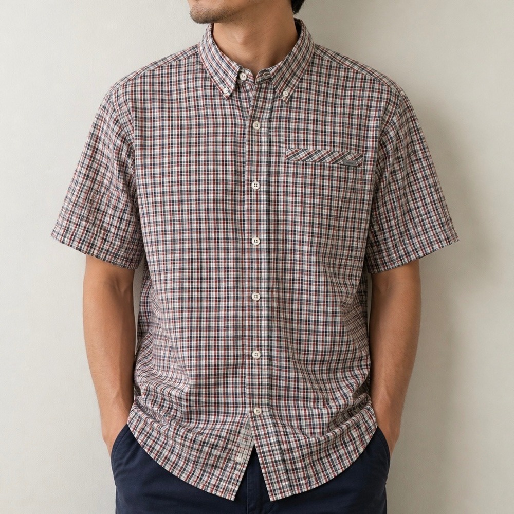 Eddie Bauer Travex Mens Plaid Short Sleeve‎ Button Down Shirt Orange Grey Large